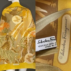 Gorg Ferragamo Silk Scarf Classic Jungle Cat Safari Print 34 In Excellent Cond